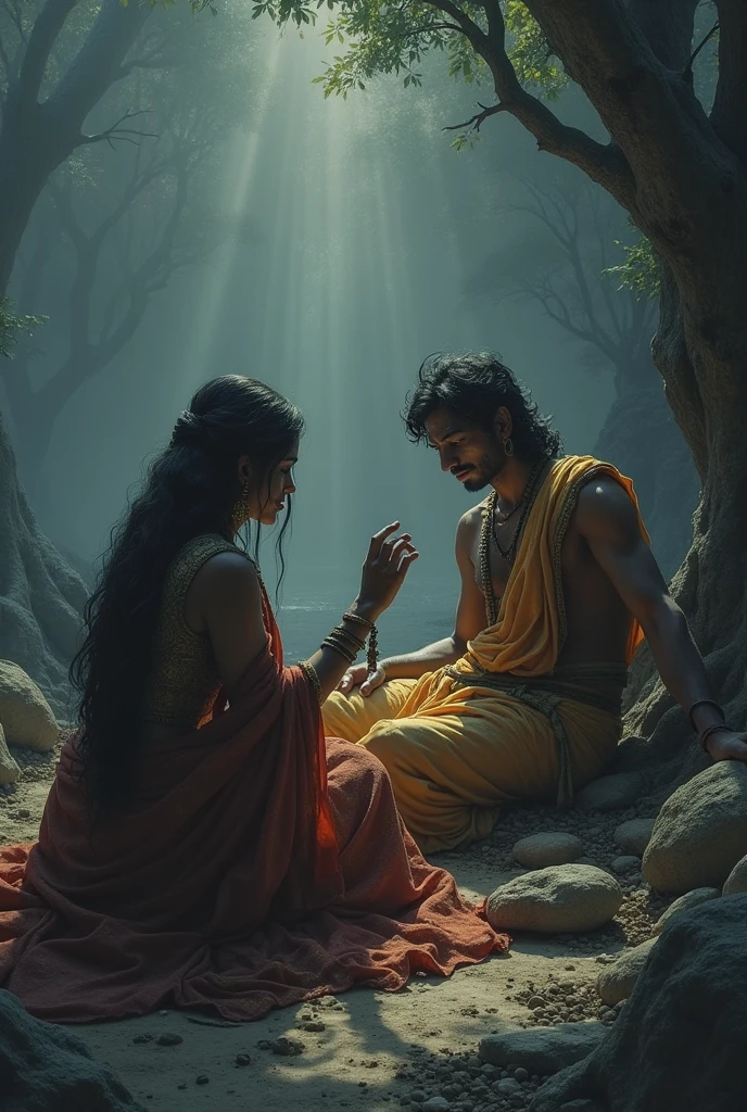 Pandu's death and madry mourning: Details: Pandu's death will be shown in the fourth scene. Pandu is raising his hand towards the madry, the impression of death in his face is evident. Madri is sitting next to Pandu's body, mourning, the impression of deep grief on his face. This scene is portrayed in the dark and gray shade, which highlights the tragic and emotional atmosphere of Pandu's death. There is a mixture of forests and lightness in the vicinity, which makes the scene more serious. Indian