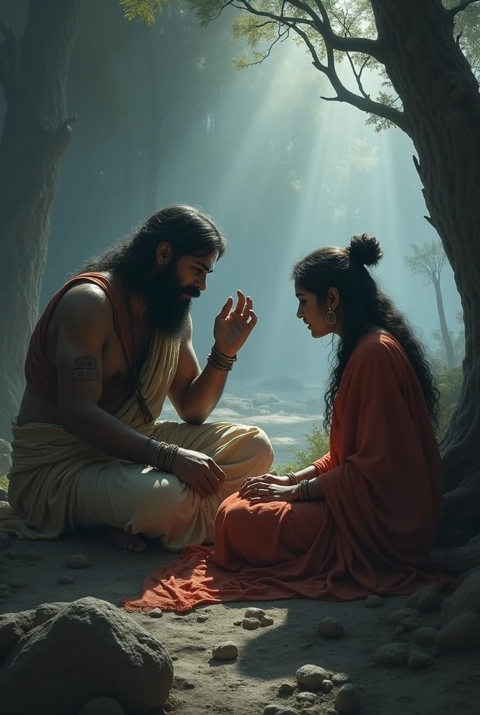 Pandu's death and madry mourning: Details: Pandu's death will be shown in the fourth scene. Pandu is raising his hand towards the madry, the impression of death in his face is evident. Madri is sitting next to Pandu's body, mourning, the impression of deep grief on his face. This scene is portrayed in the dark and gray shade, which highlights the tragic and emotional atmosphere of Pandu's death. There is a mixture of forests and lightness in the vicinity, which makes the scene more serious. Indian
