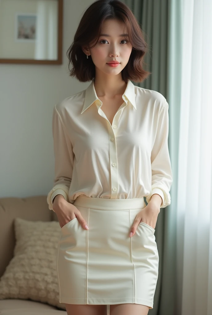 Very beautiful Japanese、Create beautiful and feminine body photos,Accurate simulation of lightweight material interactions、refreshing、Real People、Short Hair、Silk blouse,A tight skirt that accentuates the waist,