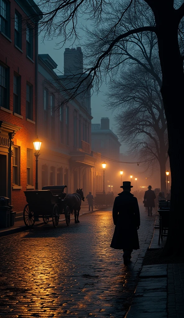 A dimly lit evening scene with Ford's Theater in the background. The streets are quiet, with horse-drawn carriages parked nearby. The theater's entrance is slightly illuminated, casting shadows across the cobblestone street.