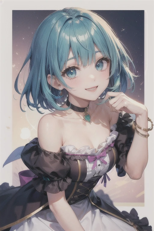 (Highest quality)、(Highest quality)、cute、(choker).eyes are emerald、Her hair is purple、Bob、(smile).