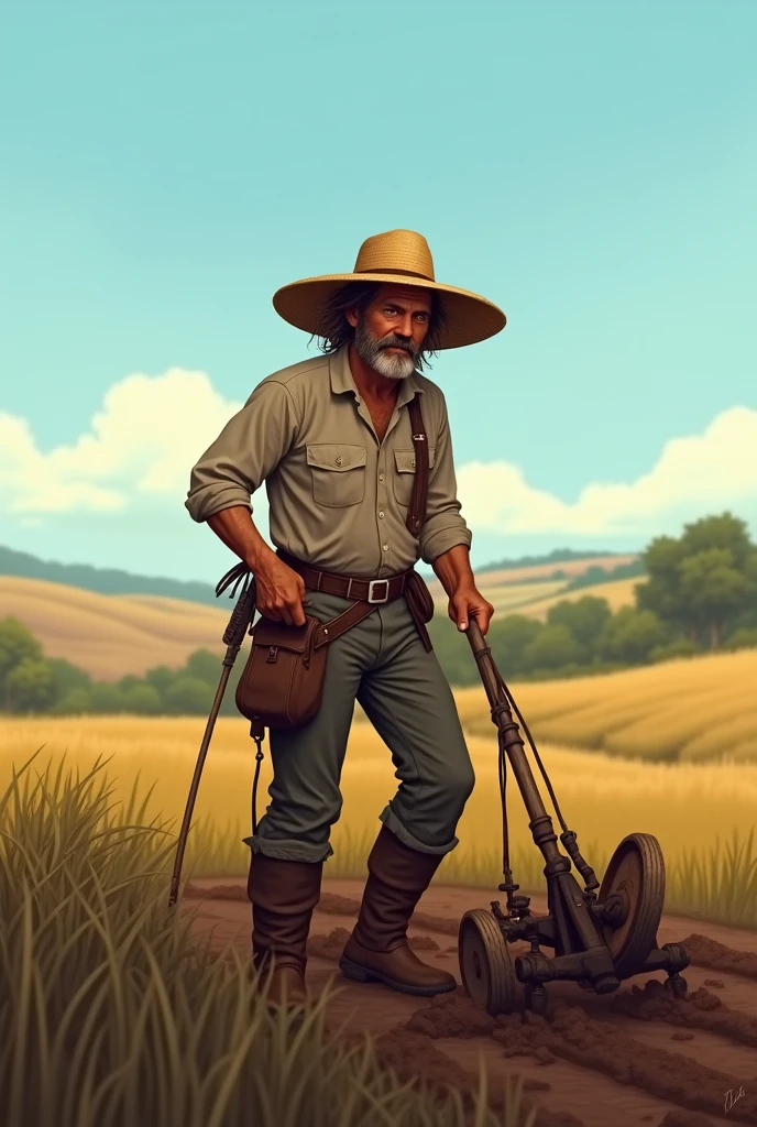 Farmer in Fields:** A farmer in traditional attire, plowing the fields under a clear sky with a rustic hat.