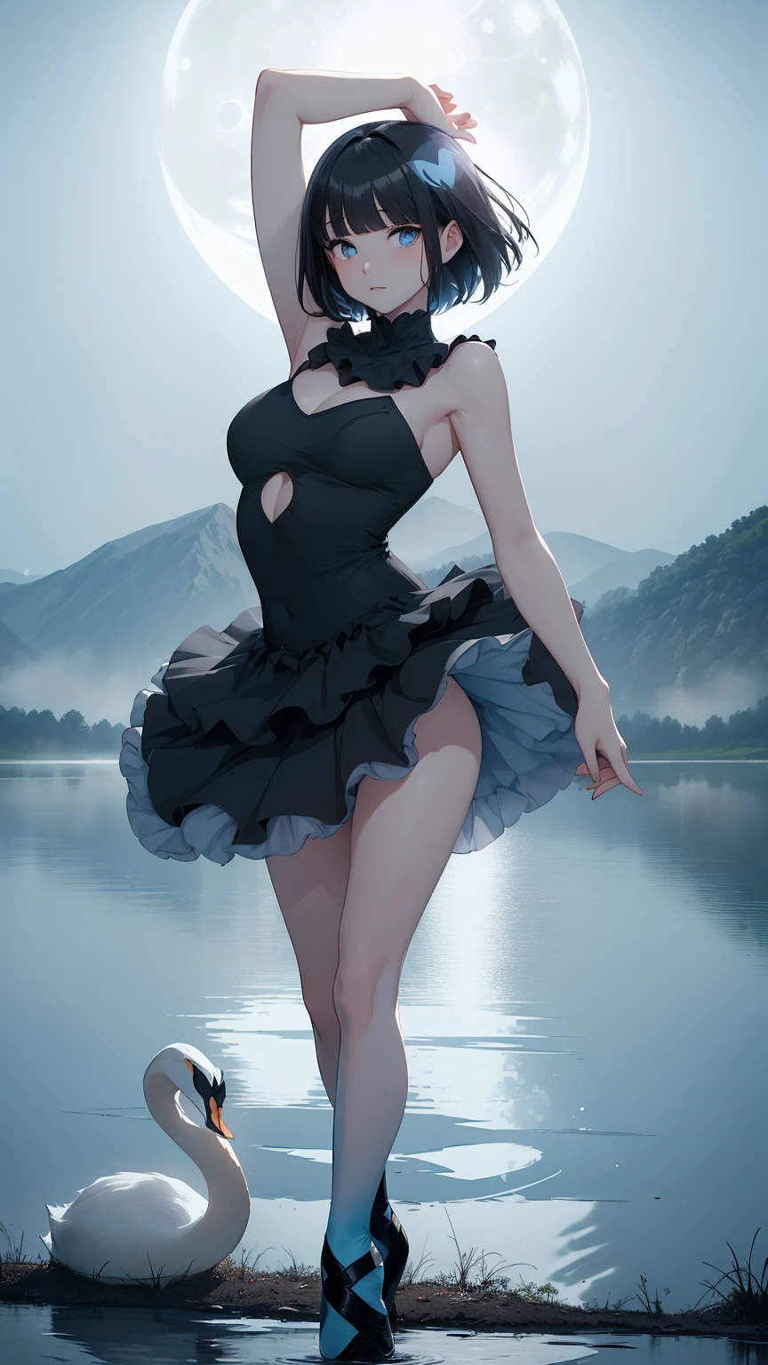 Highest quality, flying debris、Beautiful woman、Black Hair、(Dark blue eyes、Blunt bangs、Blunt bangs)、short hair、beginner,Full body portrait、break(Ballet Dancer、Ballet Dress、Tutu skirt:1.2)、break(((The lake of swan、Moonlit Night:1.3))),Big Breasts、((The fog is thick.))、BREAK((Black and light blue theme:1.2))