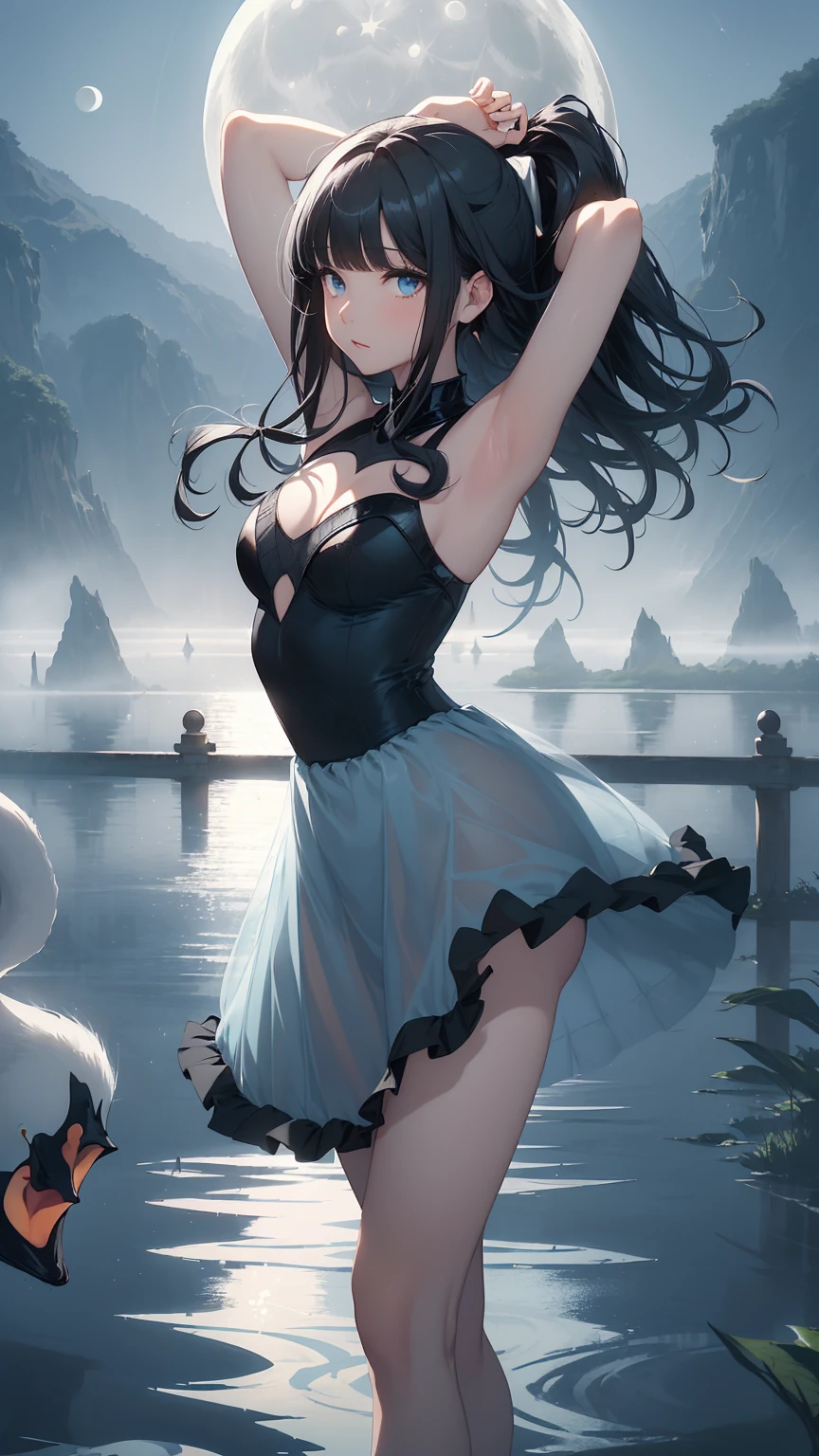 Highest quality, flying debris、Beautiful woman、Black Hair、(Dark blue eyes、Blunt bangs、Blunt bangs)、short hair、beginner,Full body portrait、break(Ballet Dancer、Ballet Dress、Tutu skirt:1.2)、break(((The lake of swan、Moonlit Night:1.3))),Big Breasts、((The fog is thick.))、BREAK((Black and light blue theme:1.2))