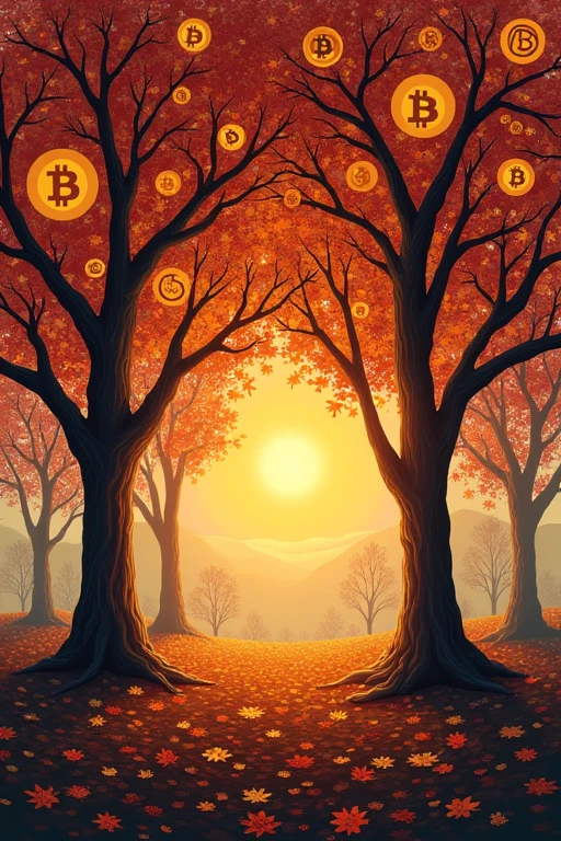 An autumn landscape with trees whose leaves are various cryptocurrency logos. Bitcoin leaves are particularly abundant and golden. In the background, a rising sun symbolizes market optimism.