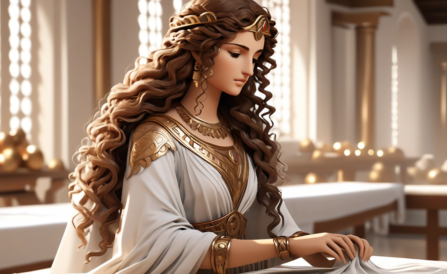 In ancient Greece, a beautiful woman named Theodota, with long, curly brown hair and bright brown eyes, wearing a flowing white tunic, is intensely focused on Stitching cloth. The machine, made of bronze and wood, Theodota's hands move deftly as she works, but her face remains serene and focused.