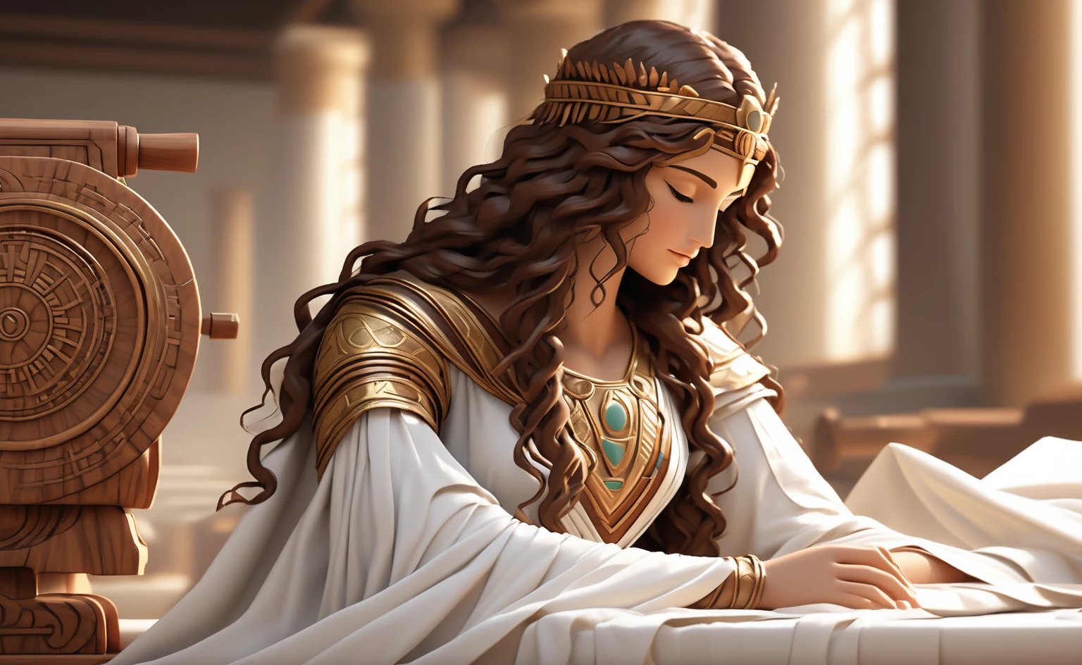 In ancient Greece, a beautiful woman named Theodota, with long, curly brown hair and bright brown eyes, wearing a flowing white tunic, is intensely focused on Stitching cloth. The machine, made of bronze and wood, Theodota's hands move deftly as she works, but her face remains serene and focused.