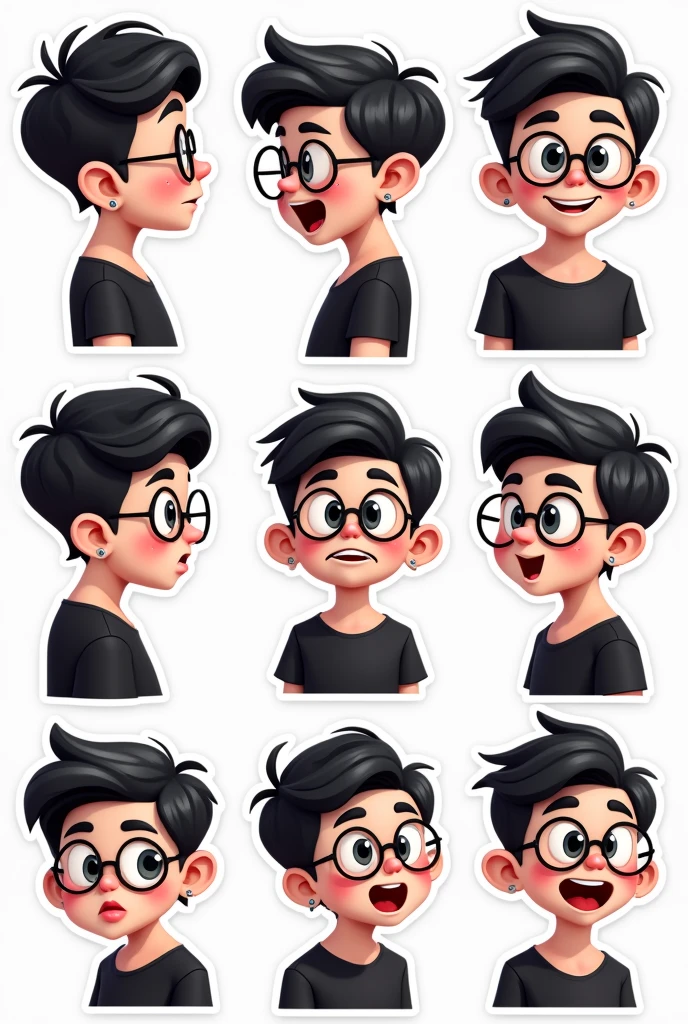 I want to create a series of stickers for WhatsApp and Telegram where The character is young, has a light skin tone, very dark black eyes, and is depicted with short hair, a modern mullet cut, very dark black hair, and very dark stubble. He is wearing round glasses and a black t-shirt, and has a small earring visible in his left ear. He is very fond of hearts in his eyes. His overall style is darker, fun, and expressive, with bold outlines and a clean, modern aesthetic.