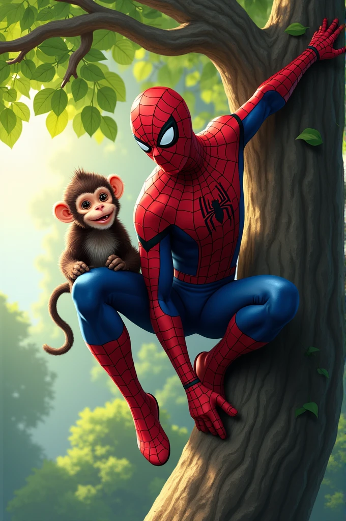 Spiderman hanging on a tree with a monkey