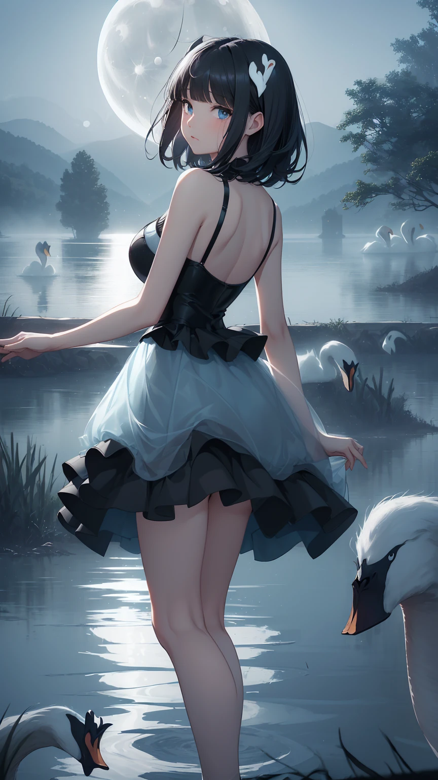 Highest quality, flying debris、Beautiful woman、Black Hair、(Dark blue eyes、Blunt bangs、Blunt bangs)、short hair、beginner,Full body portrait、break(Ballet Dancer、Ballet Dress、Tutu skirt:1.2)、break(((The lake of swan、Moonlit Night:1.3))),Big Breasts、((The fog is thick.))、BREAK((Black and light blue theme:1.2))