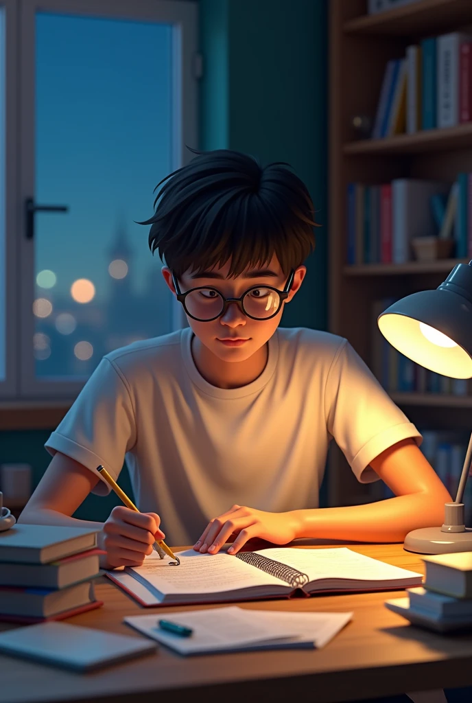 A high school boy in glasses sitting at a desk doing homework, wearing a T-shirt. There are a pile of books and test papers on the desk, and a desk lamp. There is a night view outside the window, bookshelves, close-up, high resolution. Illustration, 3D rendering, overclocked rendering, super detailed