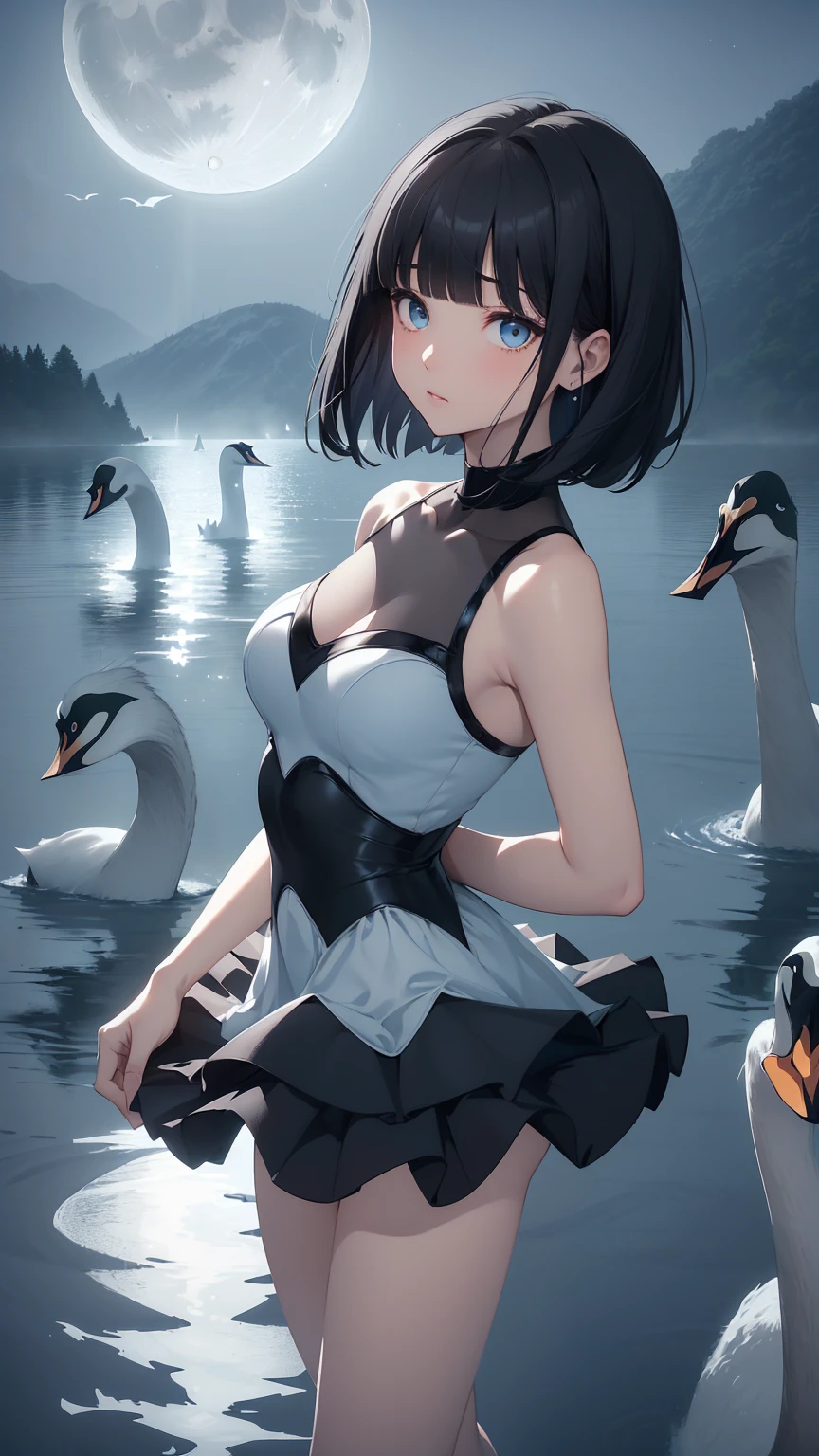 Highest quality, flying debris、Beautiful woman、Black Hair、(Dark blue eyes、Blunt bangs、Blunt bangs)、short hair、beginner,Full body portrait、break(Ballet Dancer、Ballet Dress、Tutu skirt:1.2)、break(((The lake of swan、Moonlit Night:1.3))),Big Breasts、((The fog is thick.))、BREAK((Black and light blue theme:1.2))