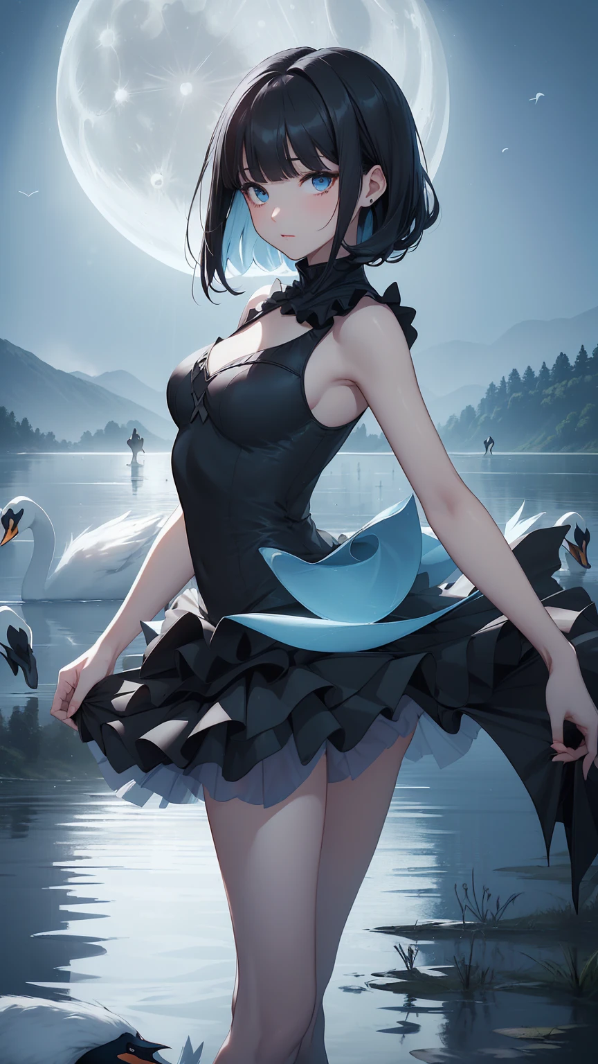 Highest quality, flying debris、Beautiful woman、Black Hair、(Dark blue eyes、Blunt bangs、Blunt bangs)、short hair、beginner,Full body portrait、break(Ballet Dancer、Ballet Dress、Tutu skirt:1.2)、break(((The lake of swan、Moonlit Night:1.3))),Big Breasts、((The fog is thick.))、BREAK((Black and light blue theme:1.2))