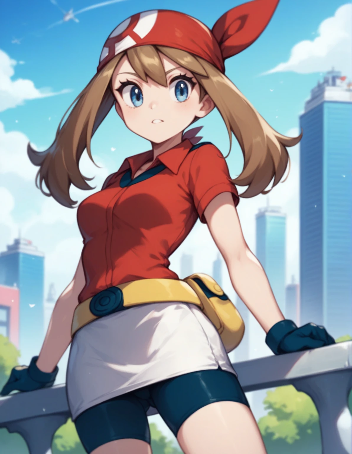 May from Pokémon, triple n size boobs, thin waist, slender body, medium size butt, She wears a red short-sleeved shirt with a navy blue semi-circle on it, a yellow fanny pack, white gloves with navy fingertips, a white mini skirt under the shirt over dark blue cycle shorts, and black ankle socks along with red shoes with black and yellow stripes, red bandanna covering the entire head with the two ends sticking up, light brown hair, long thick mousse brown hair with thick side tails, and with a side fringe falling across the forehead, light blue eyes.