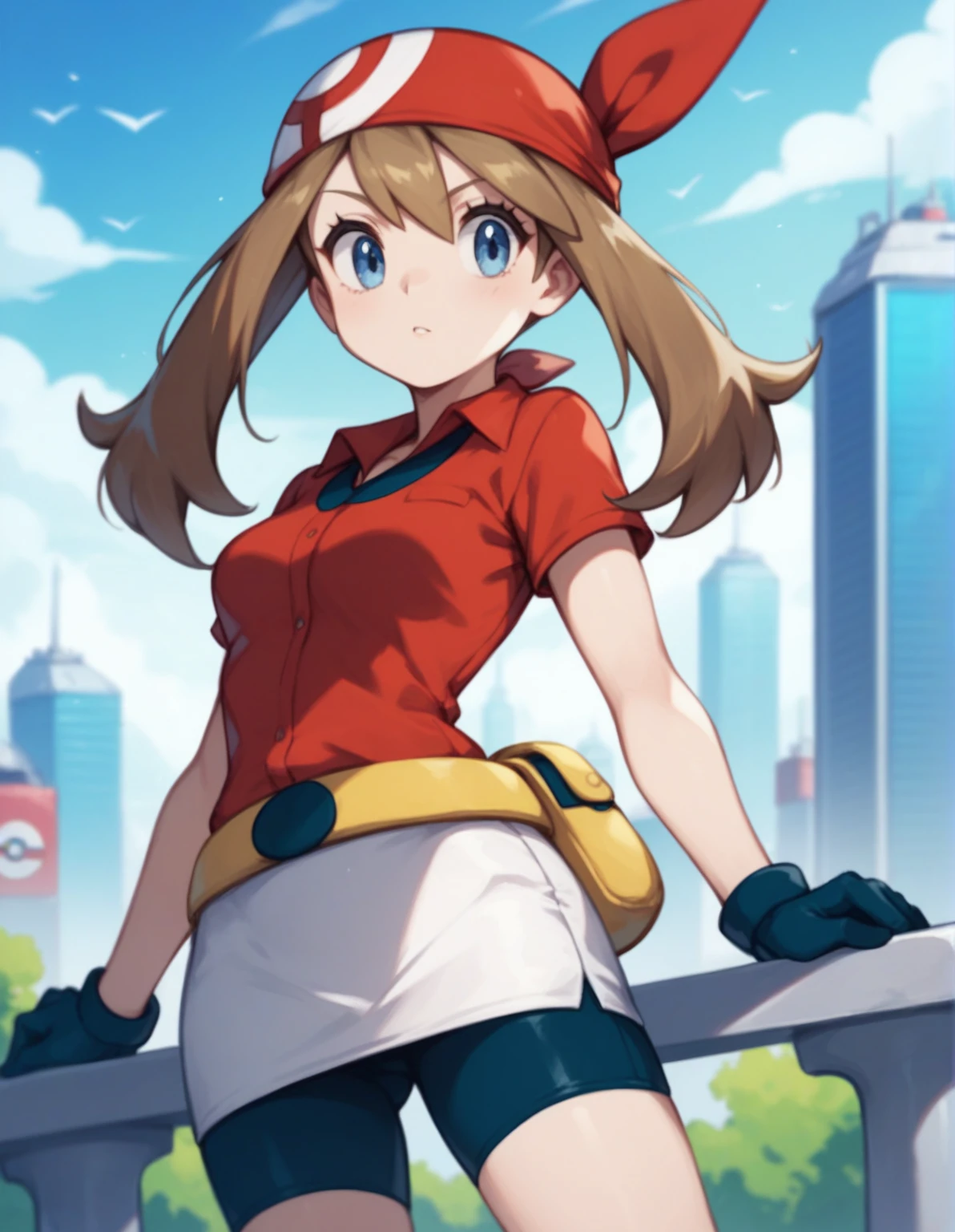 May from Pokémon, triple n size boobs, thin waist, slender body, medium size butt, She wears a red short-sleeved shirt with a navy blue semi-circle on it, a yellow fanny pack, white gloves with navy fingertips, a white mini skirt under the shirt over dark blue cycle shorts, and black ankle socks along with red shoes with black and yellow stripes, red bandanna covering the entire head with the two ends sticking up, light brown hair, long thick mousse brown hair with thick side tails, and with a side fringe falling across the forehead, light blue eyes.