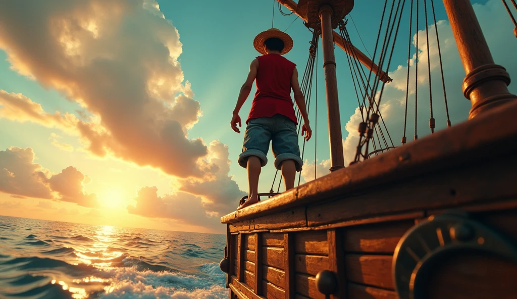 Action photography of a live-action Luffy, with his iconic straw hat and red vest, standing confidently atop the crow's nest, full body shot, on a detailed pirate ship at sea, dramatic cloudy sky background, golden hour lighting, shot from a low angle with the camera tilted upwards, captured on an ARRI ALEXA camera with a wide-angle lens, (motion blur:1.2), in the style of (Gore Verbinski:1.3)