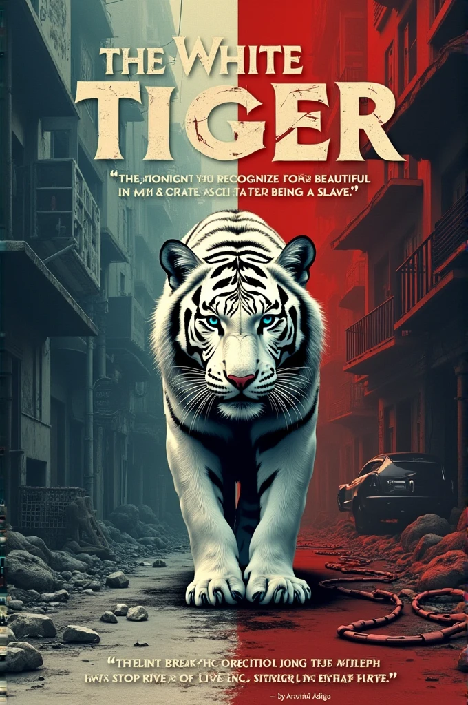Poster Concept for “The White Tiger”
1. Title:
• “The White Tiger” at the top in bold, stylized font with a hint of the gritty tone of the book.
2. Background:
• A divided background with one half showing the dull,poverty,slums, chaotic streets of India (symbolizing the darkness and corruption), and the other half showing the luxuries like bungalows,sophistication,luxurious cars,buildings.
3. Central Image:
• A stylized white tiger in the center, fierce and majestic, symbolizing the protagonist’s struggle for freedom and identity.
4. Key Quotes:
• Include a powerful quote from the book, such as:
• “The moment you recognize what is beautiful in this world, you stop being a slave.”
5. Author’s Name:
• At the bottom or near the title, “By Aravind Adiga” in a smaller, elegant font.
6. Visuals:
• Consider adding elements like a broken cage or chains near the white tiger to signify the theme of breaking free from oppression.