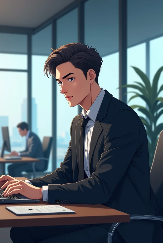 Anime man in suit making video call in office