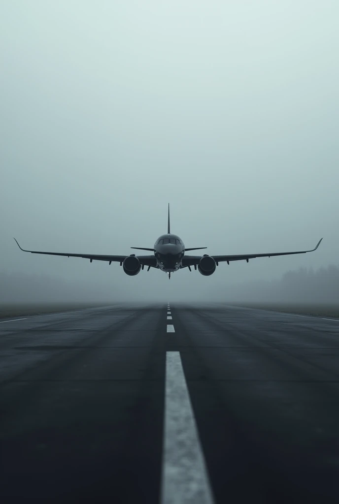 Black aeroplane in runway track in fog
