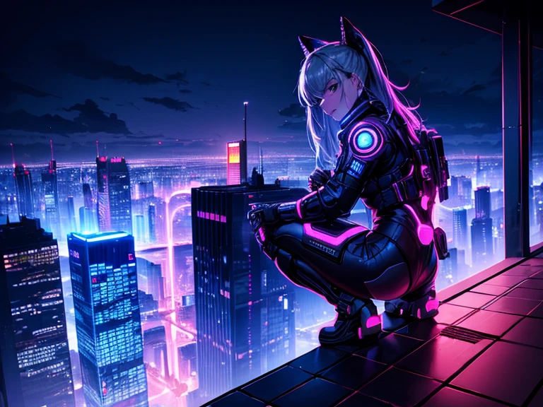 Very detailed,High resolution,4K,8k,masterpiece,High resolution,Late Night,Cyberpunk cityscape,Vibrant neon glow,A ninja looking down on the city from the rooftop of a building