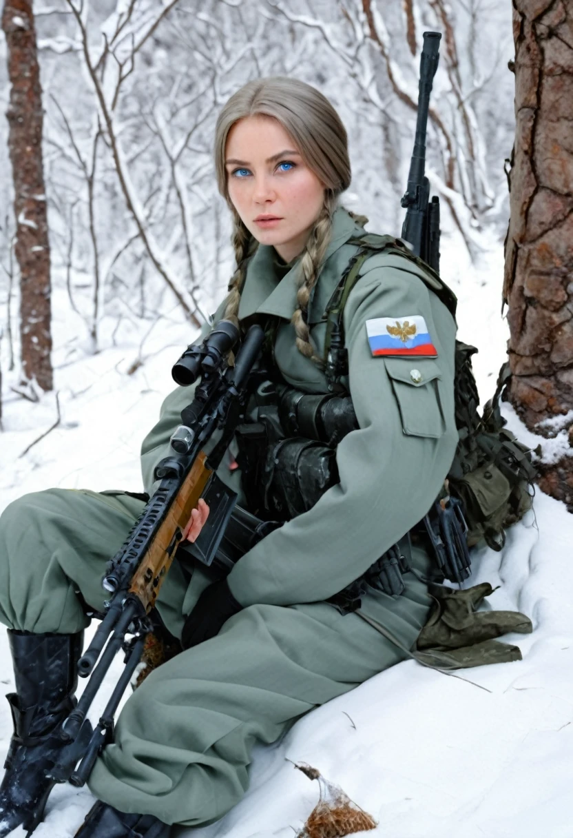 The girl is a Russian sniper in a military uniform, she has blue eyes and straight straw-colored hair, she has a weapon behind her, she is sitting in the forest by a tree on a stone, behind her are high snow-capped mountains, and it is snowing heavily