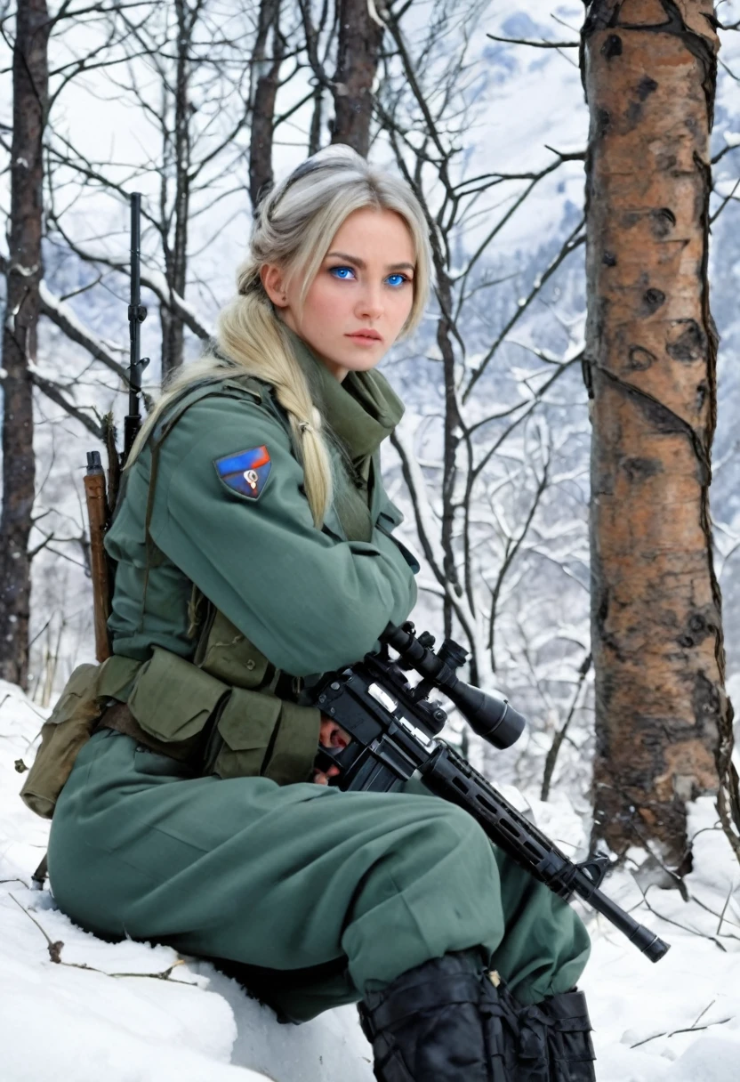 The girl is a Russian sniper in a military uniform, she has blue eyes and straight straw-colored hair, she has a weapon behind her, she is sitting in the forest by a tree on a stone, behind her are high snow-capped mountains, and it is snowing heavily