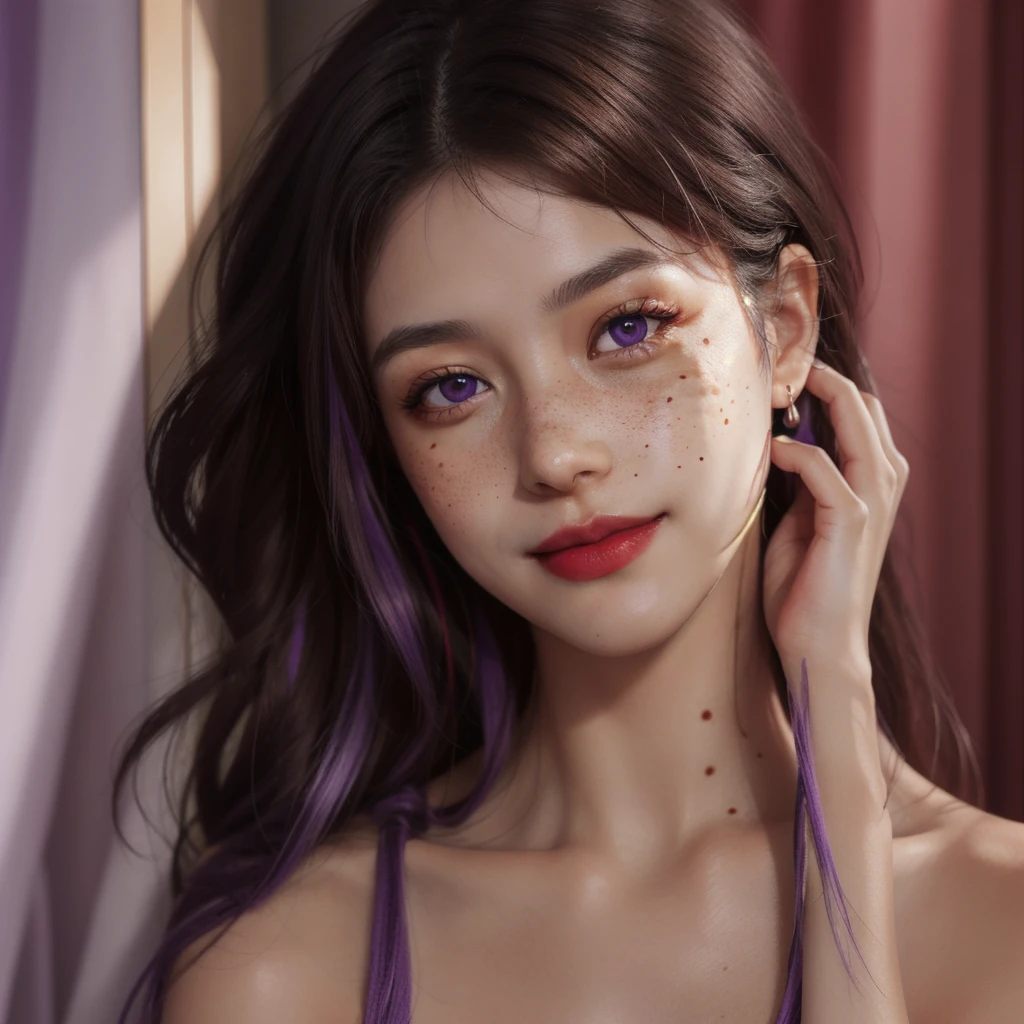 1 girl, Japanese, 4k, realistic, soft skin, texturized skin, long whavy brown hair with purple fade, shining purple eyes, red eyeliners, shining red lips, freckles, naked, smile, closed mouth, soft and warm lighting, portrait, face focus, close up, bright colors, facing viewer.