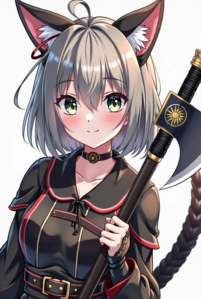 Anime style, masterpiece, greatest anatomy, detailed anatomy, girl, 1girl, catgirl, bob style hair, gray color hair, gray eyes, Black cat ears with pink inside, detailed cat tail, round breast, sexy, light smile, blushed, look at viewers, collarbone, anime, medium Breasts, Anime style, masterpiece, greatest anatomy, detailed anatomy, 16YO, 1girl, catgirl, bob style hair, gray color hair, gray eyes, Black cat ears with pink inside, detailed cat tail, round breast, detailed cat ear, ring motif cat tail, wearing Medieval Viking Warrior Gladiator Chest Body Armor Leather Breastplate Cuirass Festival Vest Outfit, hold a Honshu karito Battle Axe, one cat tail