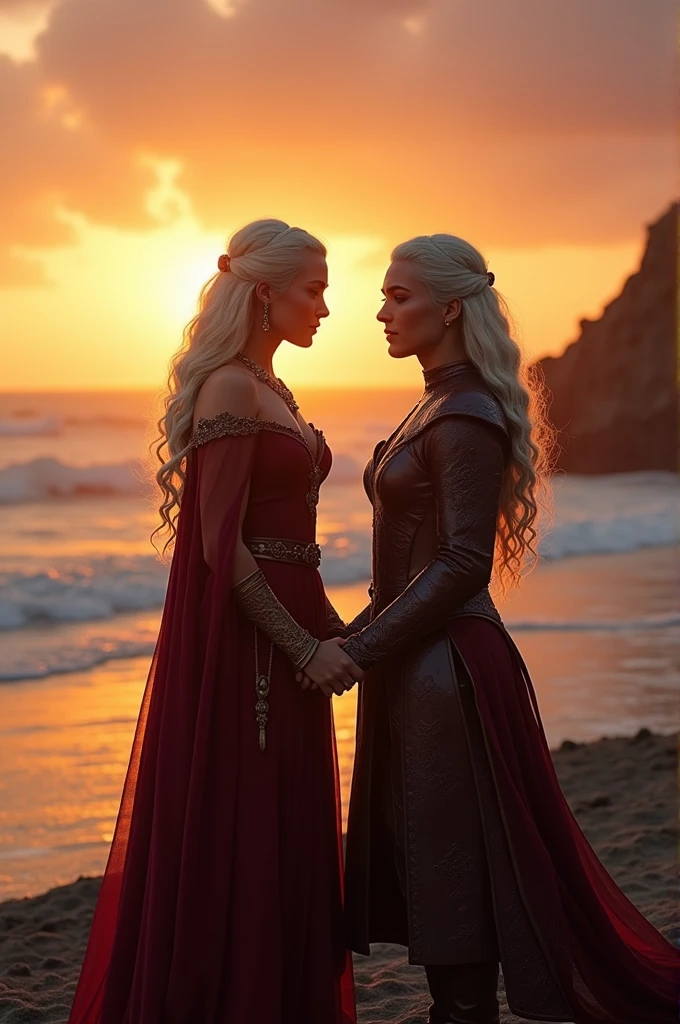 Viserra Targaryen, played by la actriz argentina, > (with platinum blonde hair and purple eyes) , y Daemon Targaryen, played by, the british actor > (long platinum blonde hair and violet eyes) , Both are on a peninsula near the beach, with the sunset in the background, y Daemon, He asks her to marry him on his knees, a Viserra, They are both wearing their dragon riding clothes..