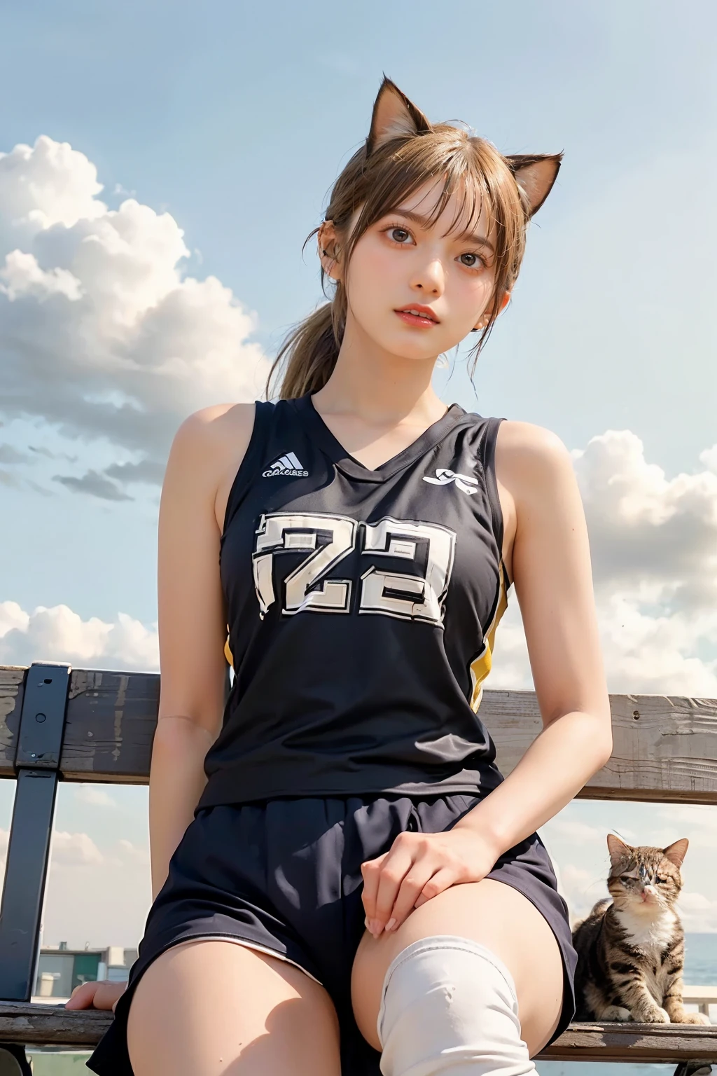 Masterpiece, 4K, bokeh, (volleyball costume:1.3), (Blonde hair, ponytail:1.3),(Blushed face:1.3), (Plump breast:1.2), (Sitting on bridge:1.2), (Cat ears:1.3),(From below:1.6),(Sundown :1.2), (Orange beautiful sky and clouds:1.2)