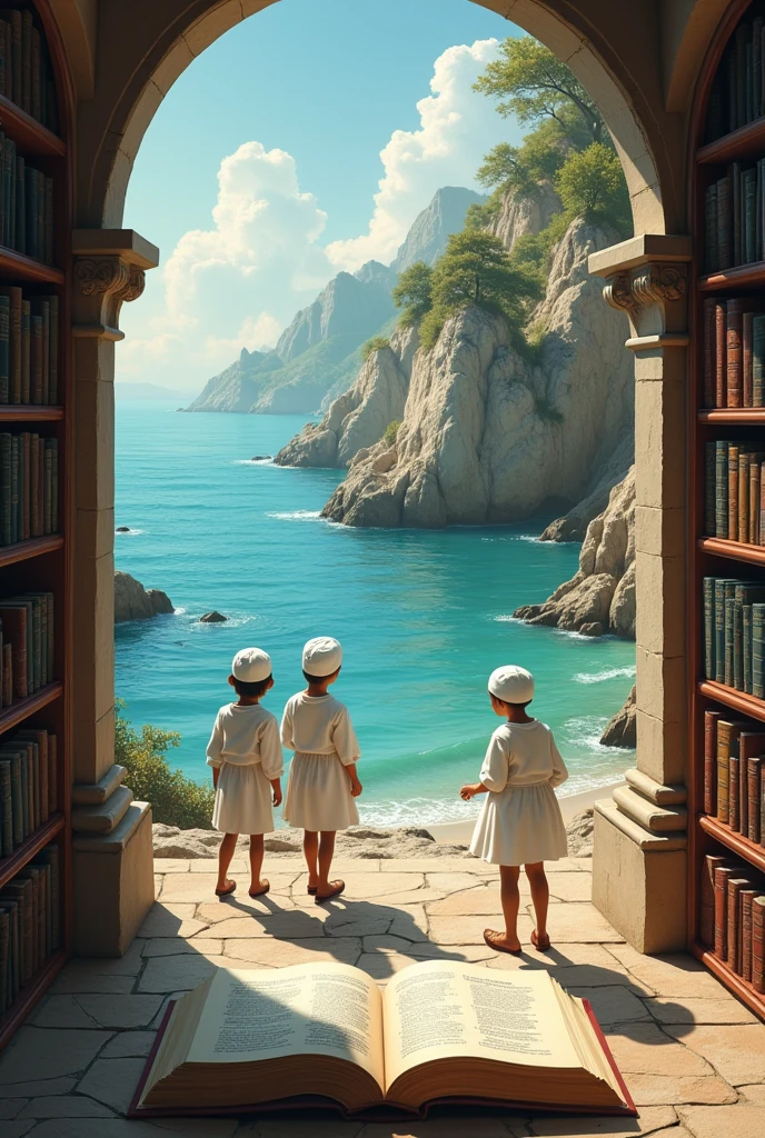 A scientific library full of books on the banks of the sea. Three children from a religious school with beautiful, white hats on their heads see a book in three volumes and take it.