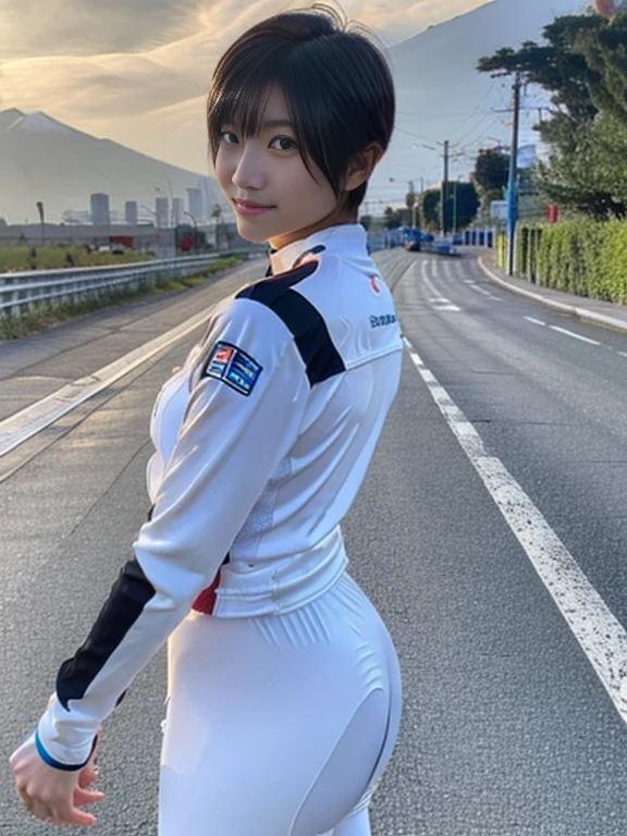 20 year old Japanese beauty,One woman、Muscular body like a bodybuilder、Emphasize the breasts、Slit eyes、Full body image up to the tip of the foot,Bust is very very large、Mount Fuji in the background、High quality photos、Clear, crisp images of the lower body、Masterpiece 8k、Smiling、From the front, from the side, from the back, etc.々from what camera angle to shoot、Highly lustrous satin outfit、Full-body clothing、Wearing a road bike racing suit、Riding a road bike