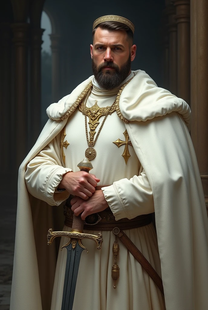 A man having black short beard wored kings white cloths and round  hat and sward in one hand 