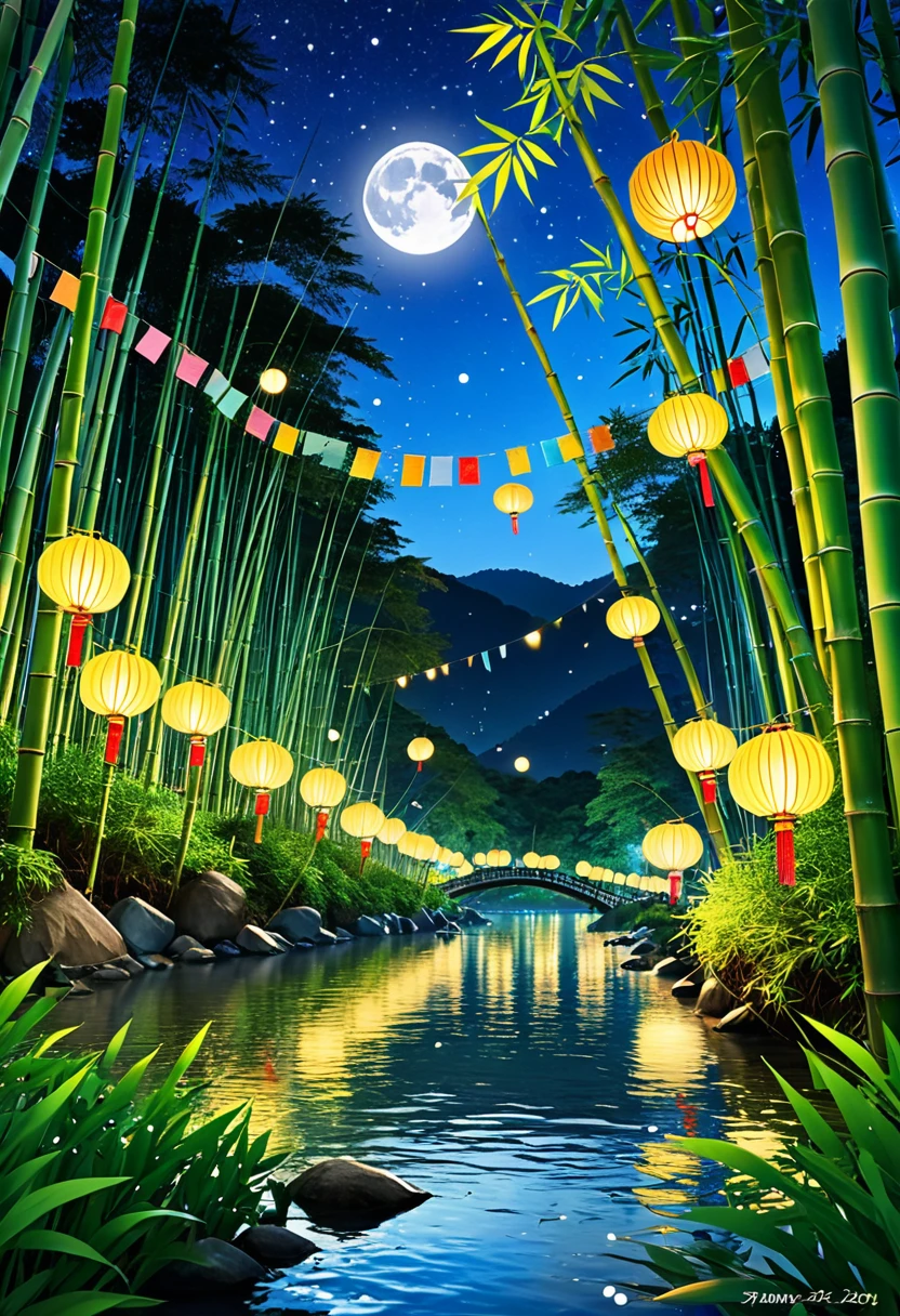 "Tanabata night、Under the shining starry sky、Bamboo decorated with many paper strips，Swaying by the stream surrounded by bamboo forest.。Colorful wishes written on paper strips.、Bamboo forest rustling in the wind，Light up the quiet night。Small lanterns floating on the river、The glimmer of light on the water。in the background、Distant Mountains々The full moon rises、creating a romantic ambiance。"