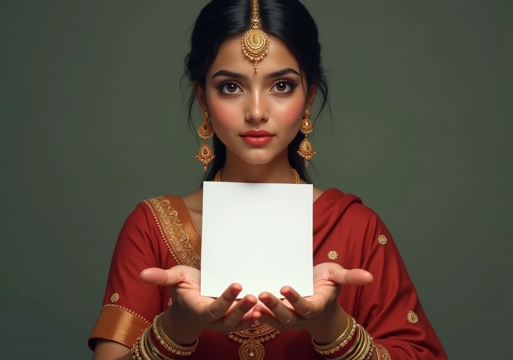 An Assam Indian girl who is showing       something with her 2 hands. but there is         
 nothing in her hand. And white a latter.     (How to make this jwellery) Middle of         this picture 