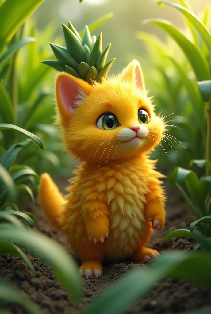 **Finding Pineapplecat:** The farmer discovers a small, cute Pineapplecat hidden among the crops, with a spiky pineapple-like appearance.