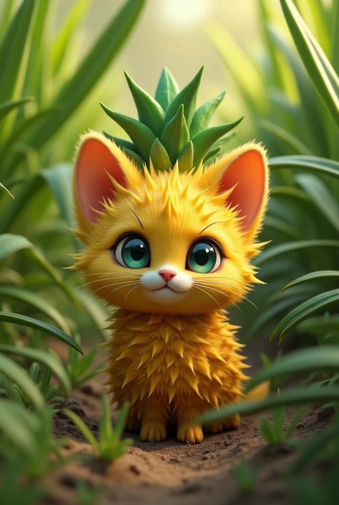 **Finding Pineapplecat:** The farmer discovers a small, cute Pineapplecat hidden among the crops, with a spiky pineapple-like appearance.