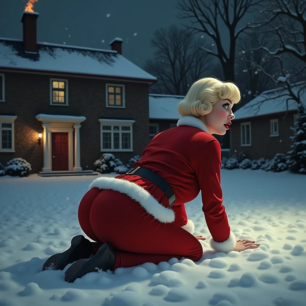In the background we see the chimney that is on the roof of the house spitting fire , We see her one hundred percent from profile , she looks to the side. A cinematic image of a 3 Doris Day-esque girl with platinum blonde short hair. She is wearing a complete Santa Claus suit and is in the courtyard of a grand country house at night. She is on all fours, buried in snow, with only her head and her curvaceous butt visible. There is a large hole with charred edges in her pants that exposes her buttocks, and smoke billows from the affected area. Her eyes widen in astonishment and pain, her mouth forming a perfect "O" in a classic slapstick comedy scene. The background is shrouded in darkness, with snow falling gently and highlighting the girl's striking features and her stunning, voluptuous figure.