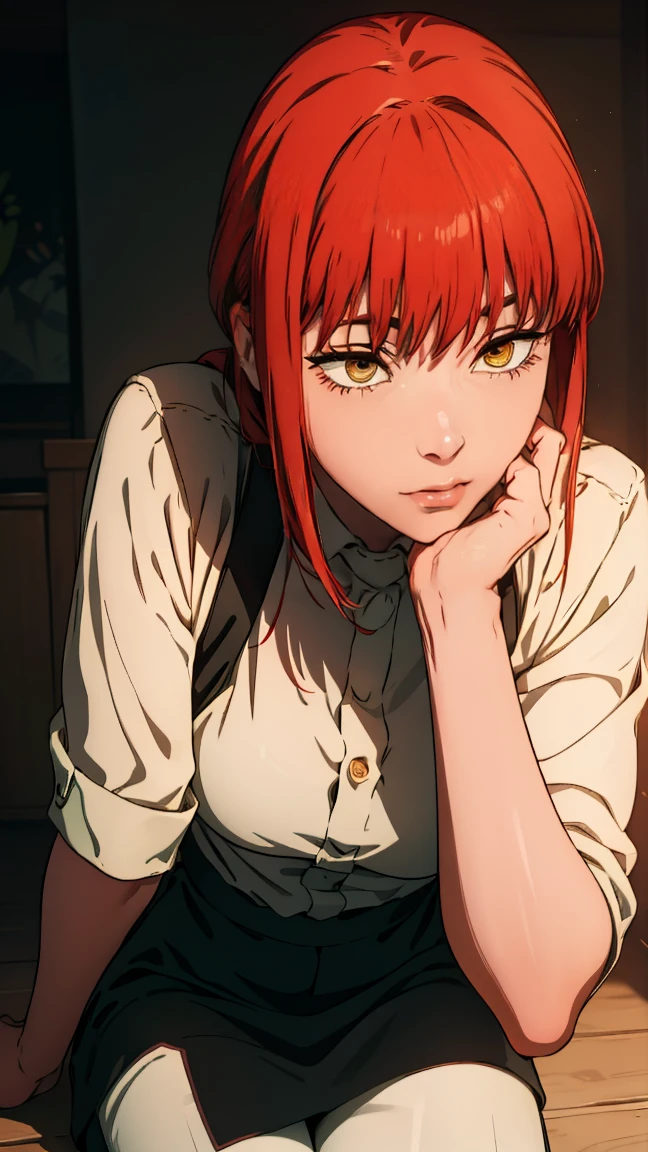 The character Makima from the anime series Chainsaw Man, fragile, full length (Full body 1.1.), dark background, darkness, Correct anatomy 1.1, holds his hands behind his back, correct hand anatomyVery sexy, erotica, very feminine, beautiful figure, legs, buttocks, beautiful body, red hair, orange eyes, Red circles for ren, summer dress, sexy pose, realistic, very detailed, beautiful body, detailed body, detailed hands, detailed, Vibrating, detailed Face, Makima character design. very detailed, detailed body, detailed hands, detailed Face, anime art, Hugh Details, Very downcast face, detailed eyes, Super thin illustration, best shadow, Fine detail, beautiful detailed glow, beautiful detailed, Extraordinarily beautiful, extremely detailed, inexpressive, epic composition, Anime style. anime art anime art, Anime style,