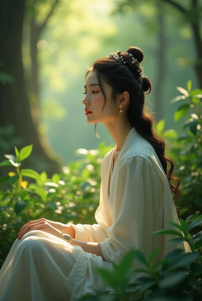 Oriental woman sitting. No clothes showing her breasts in the forest front view