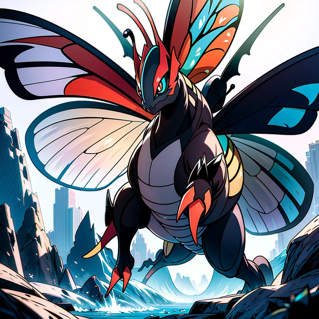A pokemon style mixed of a dragon, a roach and a butterfly, masterpiece, high quality, ultra high resolution