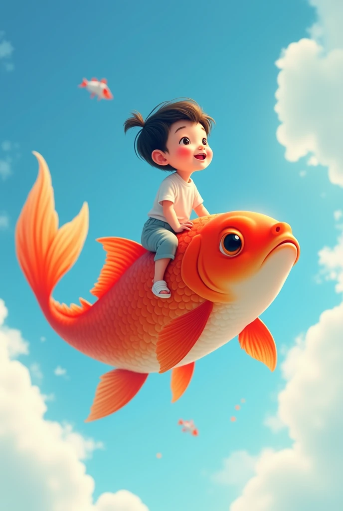 2D illustration, a Chinese youth sitting on a red goldfish, flying in the air, looking happily and firmly above, blue sky and white clouds in the background, close-up of the character, depth of field effect, soft light, vibrant colors, relaxed atmosphere, fresh tones, high quality, 8k