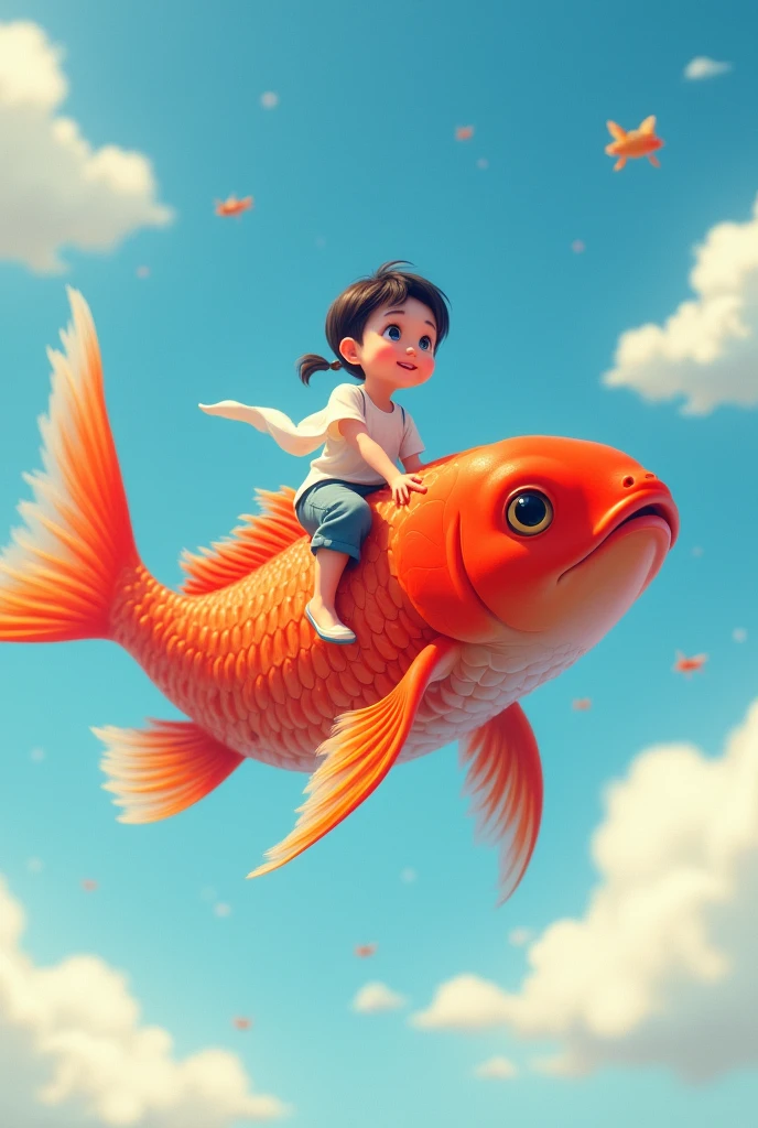 2D illustration, a Chinese youth sitting on a red goldfish, flying in the air, looking happily and firmly above, blue sky and white clouds in the background, close-up of the character, depth of field effect, soft light, vibrant colors, relaxed atmosphere, fresh tones, high quality, 8k