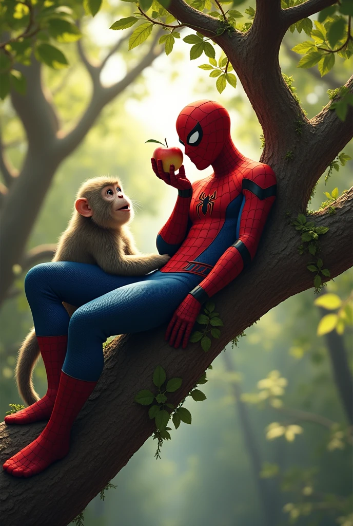 Spiderman hanging on a tree with a monkey and eating apple 