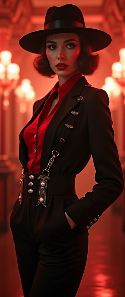 a glamorous militant female gangster, 1920s razzle fancy dress, black and red suit with top, trousers, mock braces, neck tie and hat, assertive pose, sophisticated, opulent ,photorealistic, 8k, cinematic lighting, highly detailed, realistic shading, vivid colors