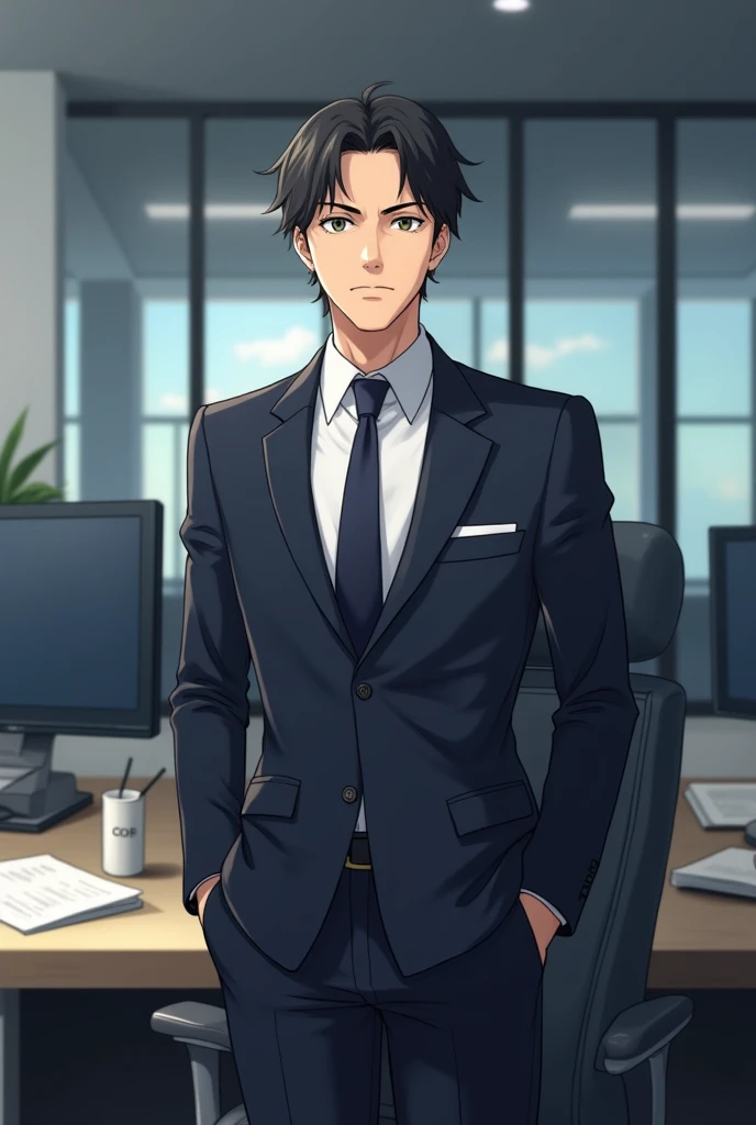 Anime CEO in a suit making a video call in the office
