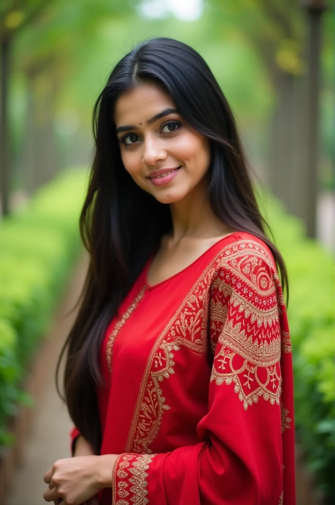 The image is a portrait of a young Indian woman standing in a garden. She is wearing a red kurta with a red dupatta draped over her shoulders. The dupatta has a unique design on the front, which appears to be a mandala-like pattern. The woman has long dark hair and is looking directly at the camera with a slight smile on her face. She has one hand on her hip and the other resting on her shoulder. The background is blurred, but we can see trees and greenery. The overall mood of the image is peaceful and serene.