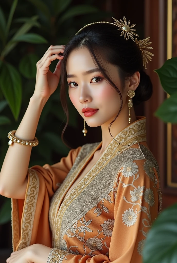 Woman wearing traditional baju kebaya while touching hair