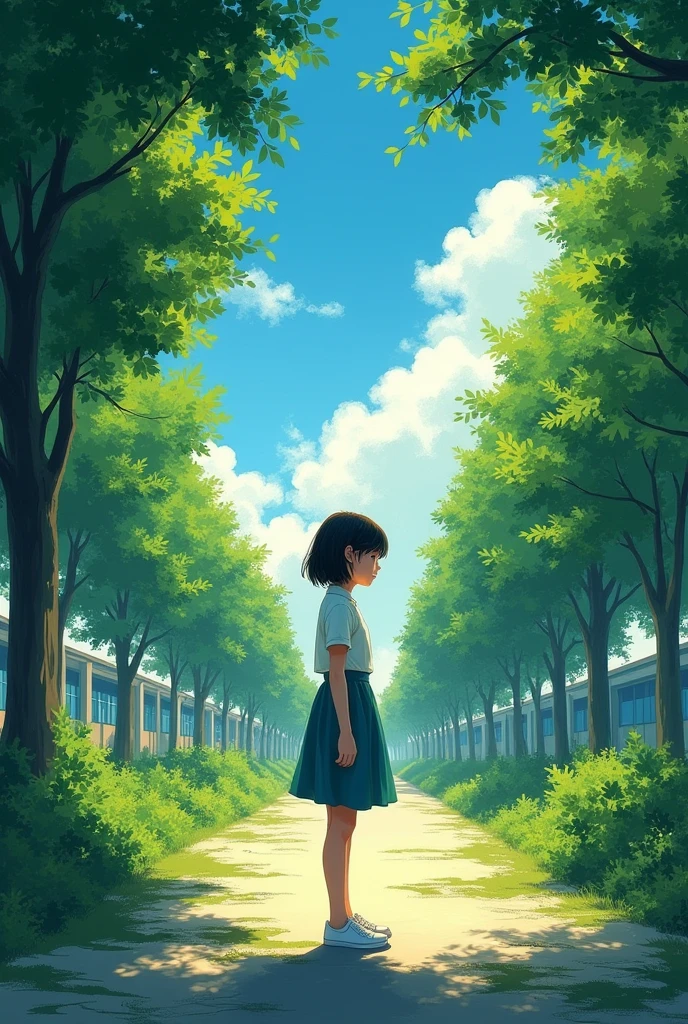 A poster for the Chinese movie "Farewell Poem" shows an Asian girl standing in front of her school, with short hair and white shoes on. The background is green trees and blue sky, while sunlight shines through leaves onto the ground. The style is reminiscent of in the style of an impressionist painter