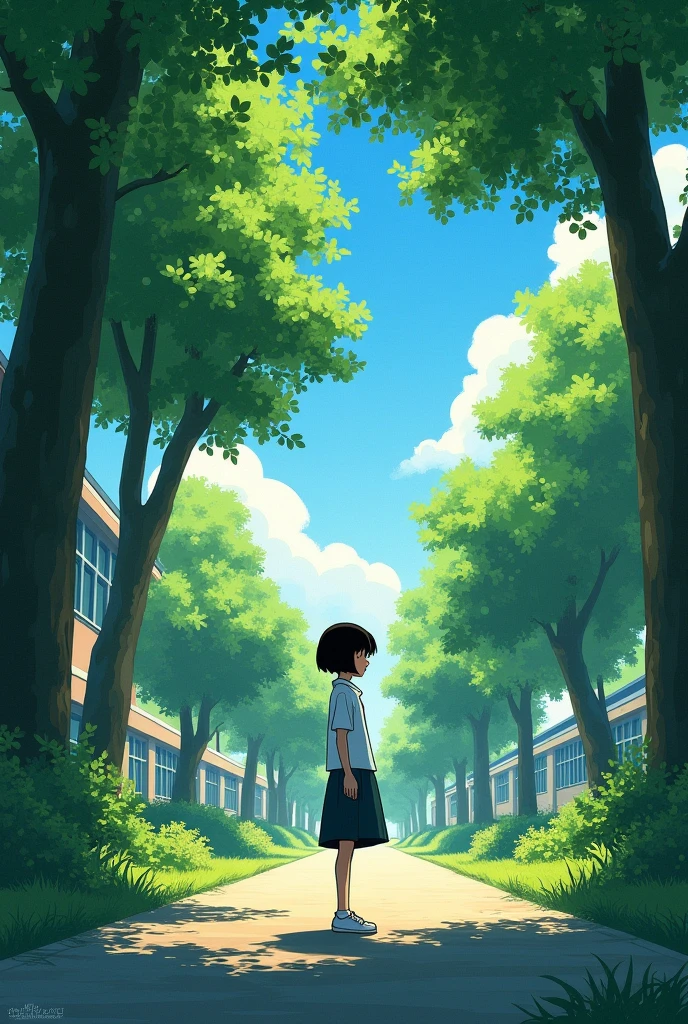 A poster for the Chinese movie "Farewell Poem" shows an Asian girl standing in front of her school, with short hair and white shoes on. The background is green trees and blue sky, while sunlight shines through leaves onto the ground. The style is reminiscent of in the style of an impressionist painter